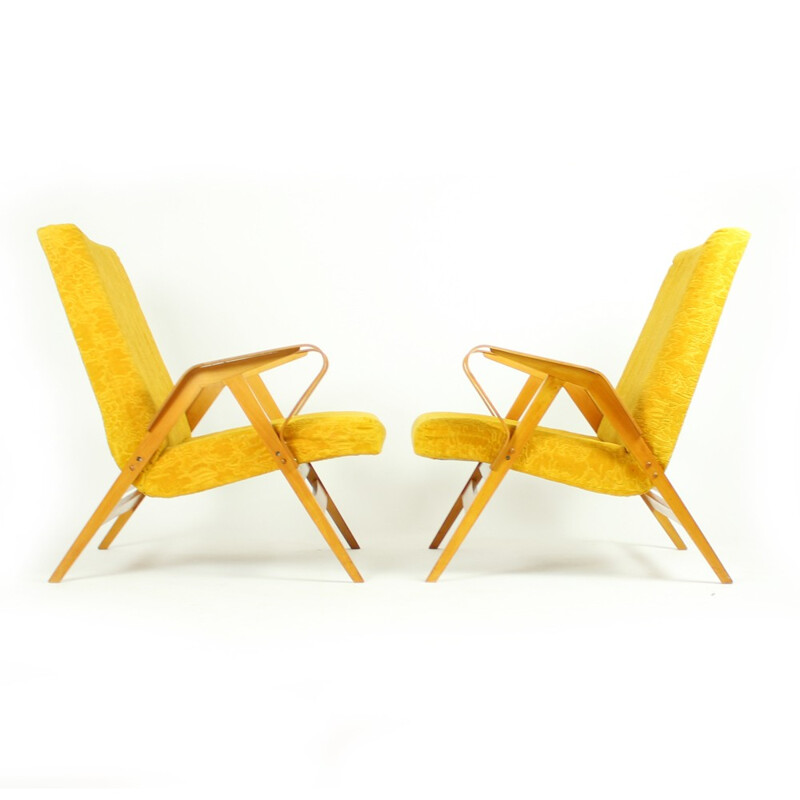 Vintage yellow armchair in beechwood by Tatra - 1960s