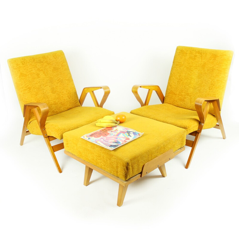 Vintage yellow ottoman in beechwood  by Tatra - 1960s