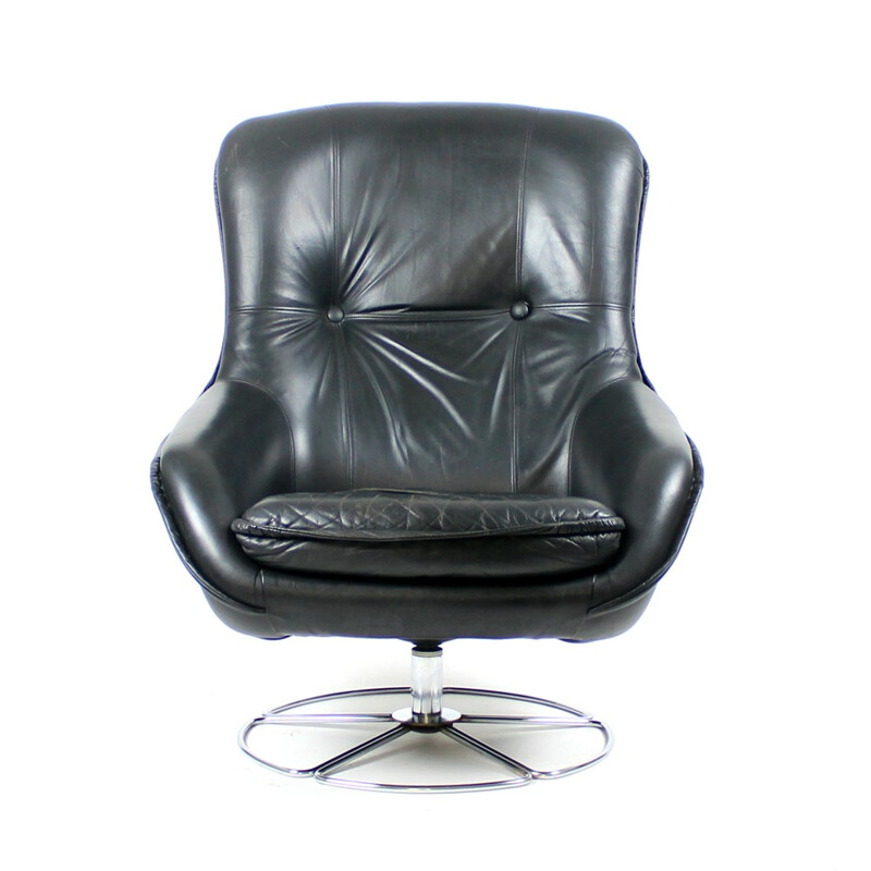 Finnish Black Leather Armchair by Peem - 1960s