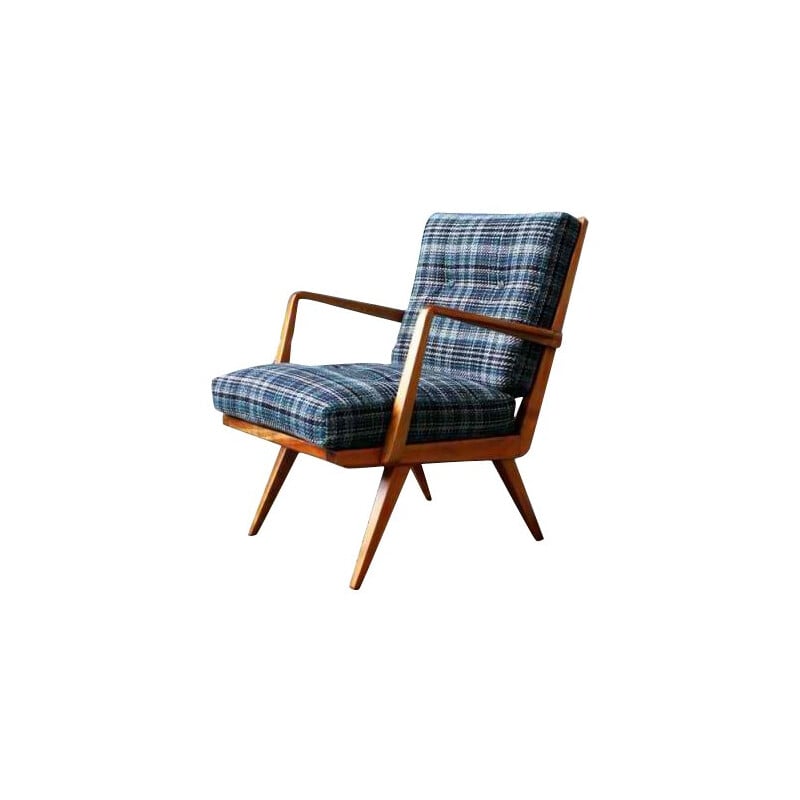 Vintage armchair with navy blue chequered pattern - 1960s