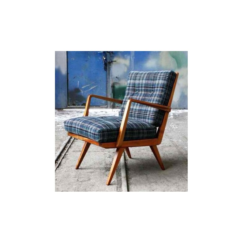 Vintage armchair with navy blue chequered pattern - 1960s