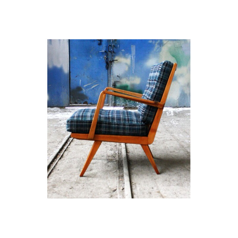 Vintage armchair with navy blue chequered pattern - 1960s