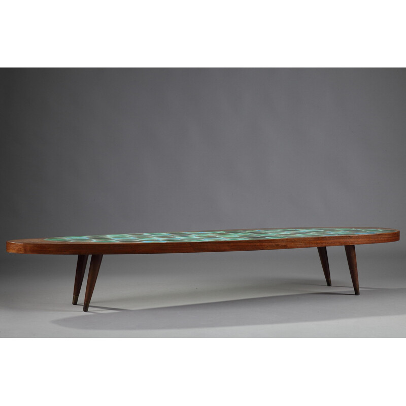 Mid-century Walnut Coffee Table and ceramic plates - 1970