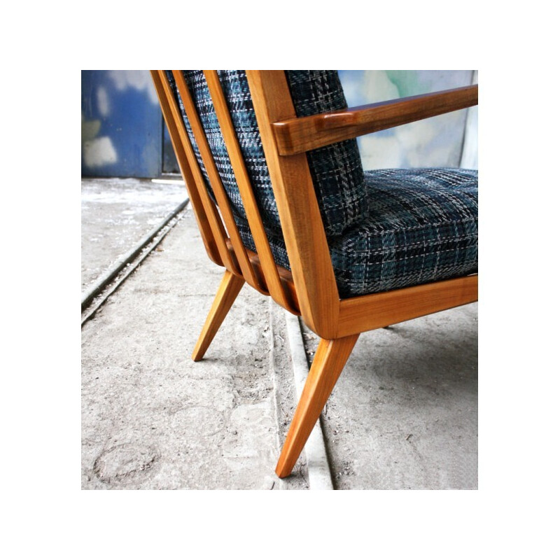 Vintage armchair with navy blue chequered pattern - 1960s