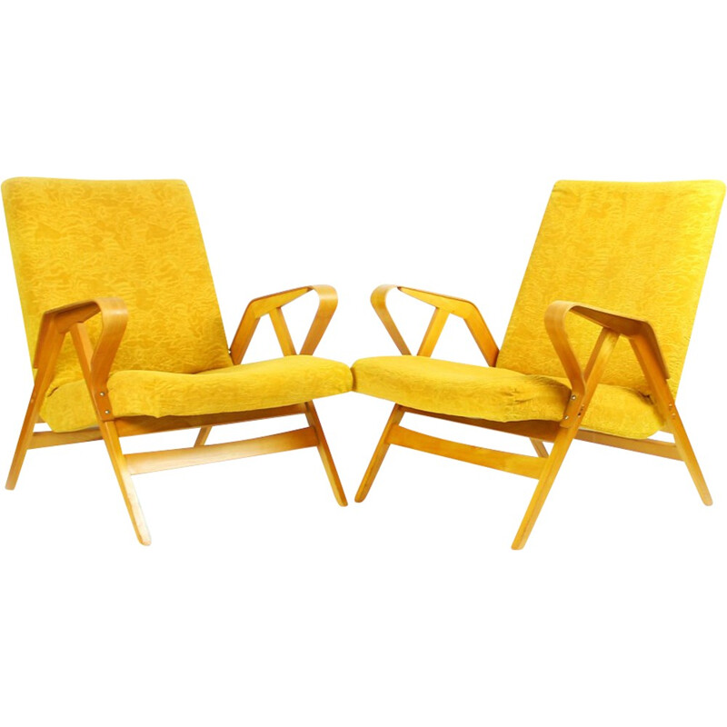 Vintage yellow armchair in beechwood by Tatra - 1960s