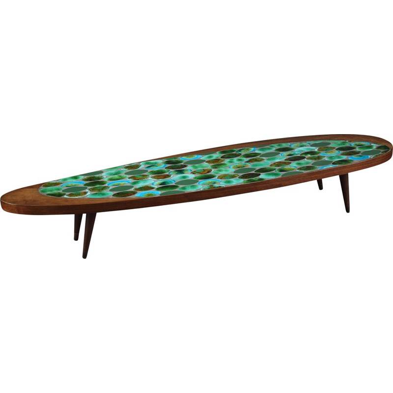 Mid-century Walnut Coffee Table and ceramic plates - 1970