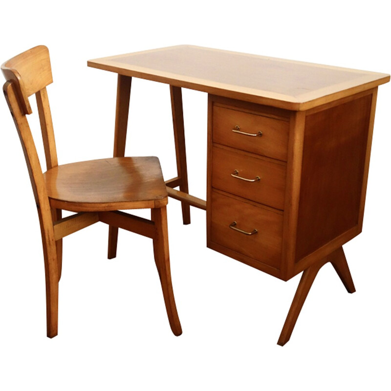 Mid-century desk and chair in wood - 1950s