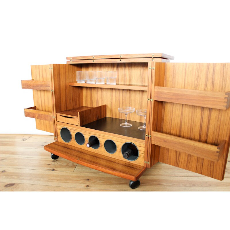 Teak bar with rollers by Illum Wikkelso, Denmark - 1960s