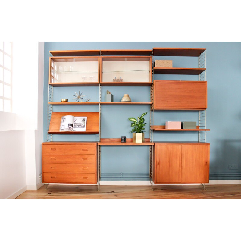 Wall storage system in teak produced by String - 1960s