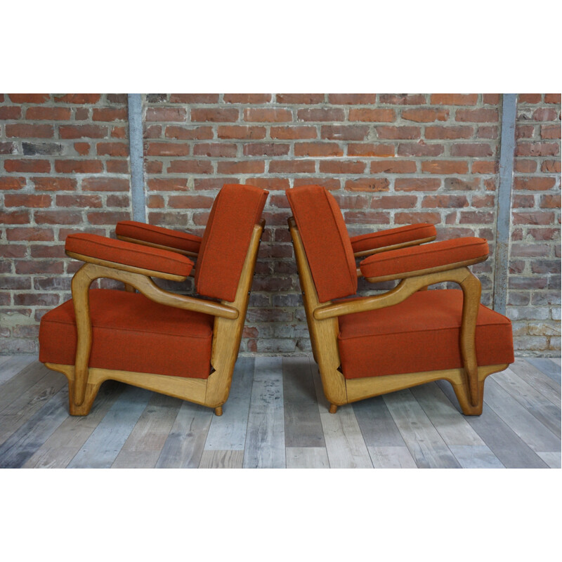 Pair of vintage armchairs in oakwood and wool by Guillerme and Chambron - 1950s