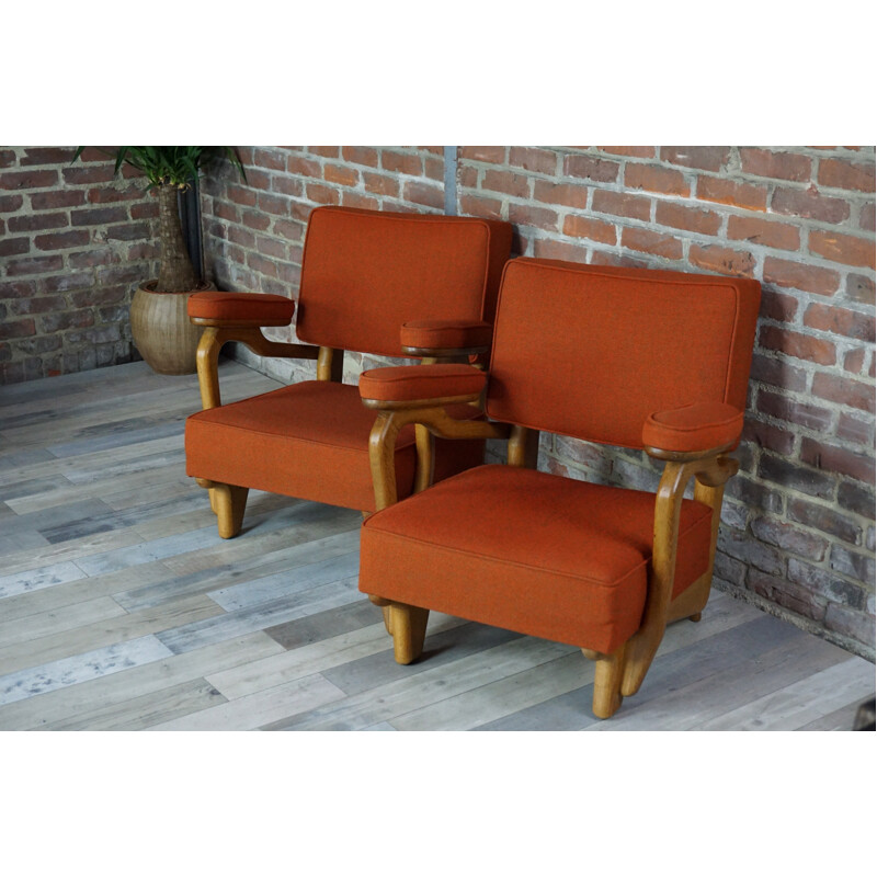 Pair of vintage armchairs in oakwood and wool by Guillerme and Chambron - 1950s