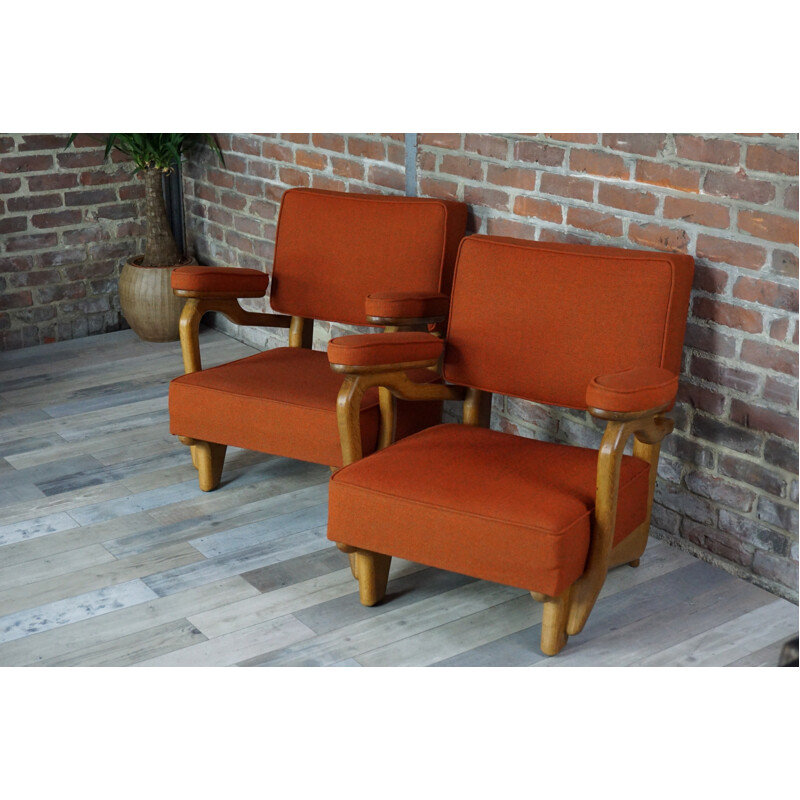 Paire de fauteuils vintage en chêne et laine de Guillerme et Chambron - 1950