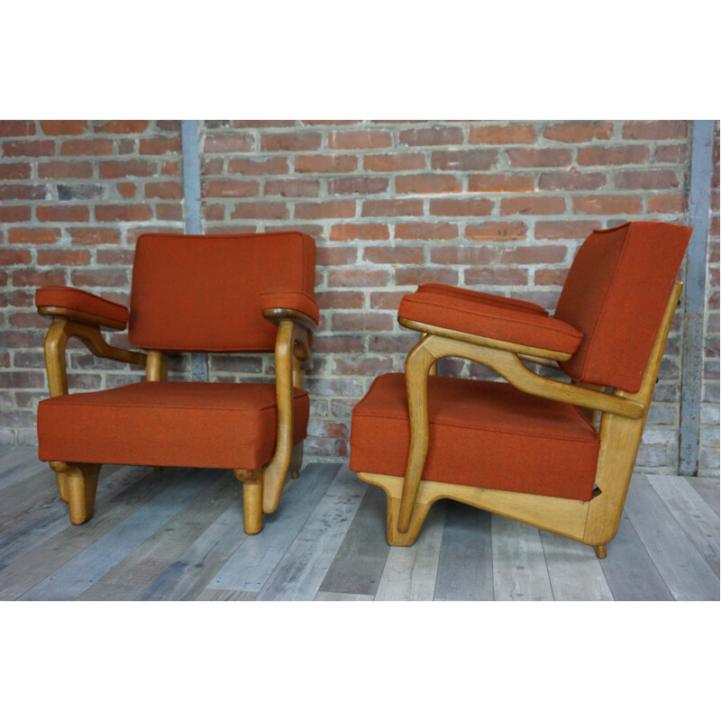 Pair of vintage armchairs in oakwood and wool by Guillerme and Chambron - 1950s