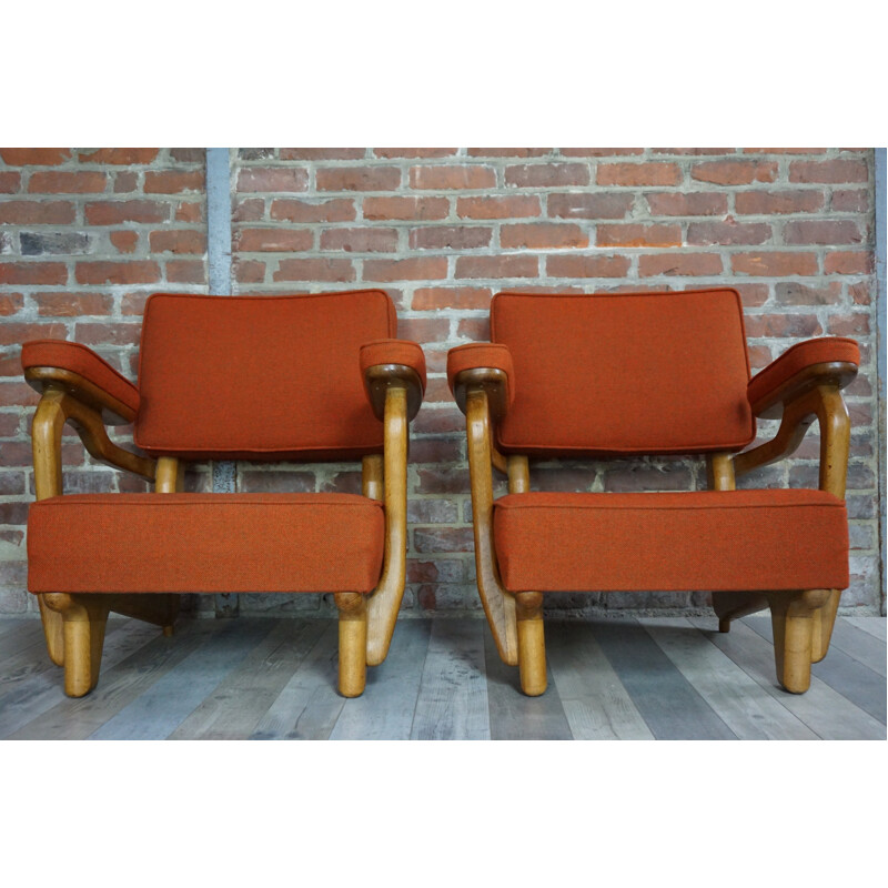 Pair of vintage armchairs in oakwood and wool by Guillerme and Chambron - 1950s