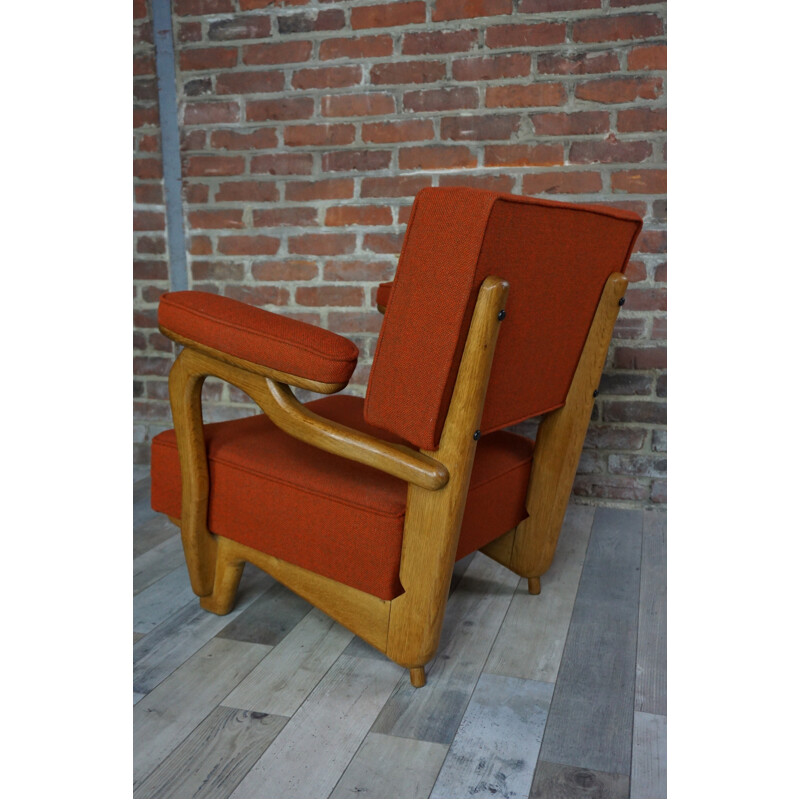 Pair of vintage armchairs in oakwood and wool by Guillerme and Chambron - 1950s