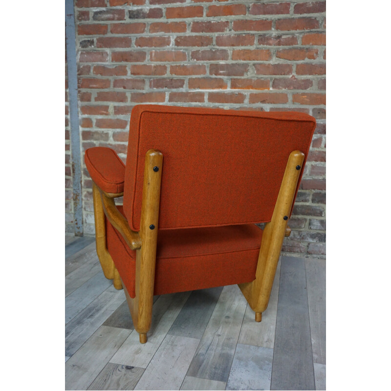 Pair of vintage armchairs in oakwood and wool by Guillerme and Chambron - 1950s