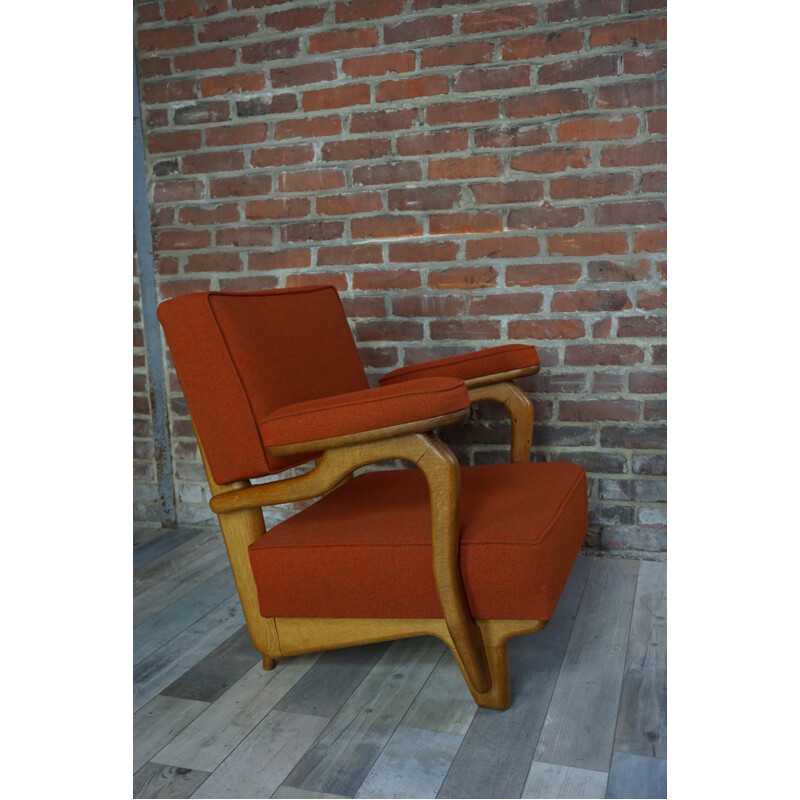 Pair of vintage armchairs in oakwood and wool by Guillerme and Chambron - 1950s