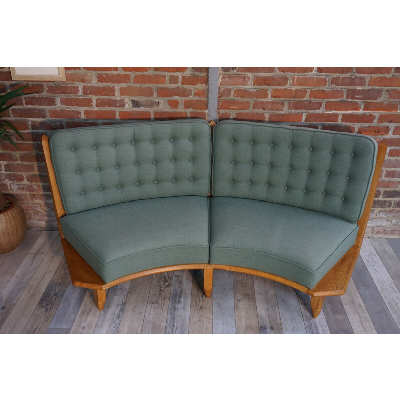 Vintage sofa in oakwood and green fabric by Guillerme and Chambron - 1950s