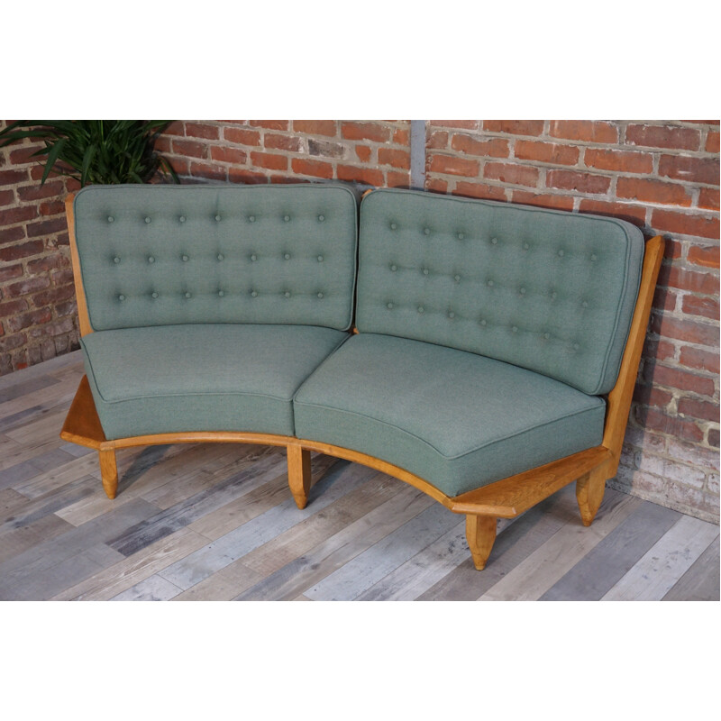 Vintage sofa in oakwood and green fabric by Guillerme and Chambron - 1950s