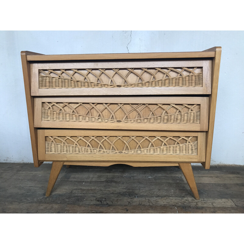 Vintage rattan and oak chest of drawers - 1950s