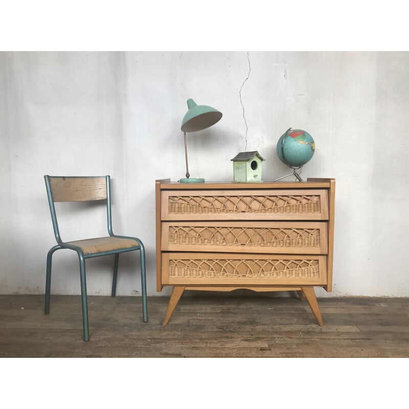 Vintage rattan and oak chest of drawers - 1950s