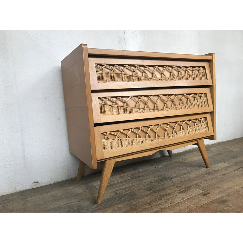 Vintage rattan and oak chest of drawers - 1950s