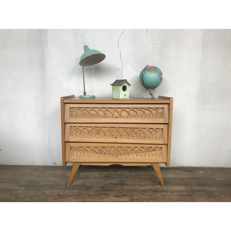 Vintage rattan and oak chest of drawers - 1950s