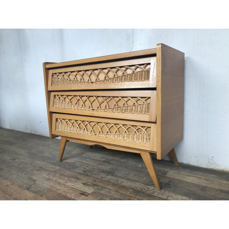 Vintage rattan and oak chest of drawers - 1950s