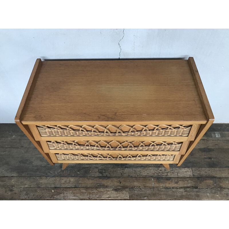 Vintage rattan and oak chest of drawers - 1950s