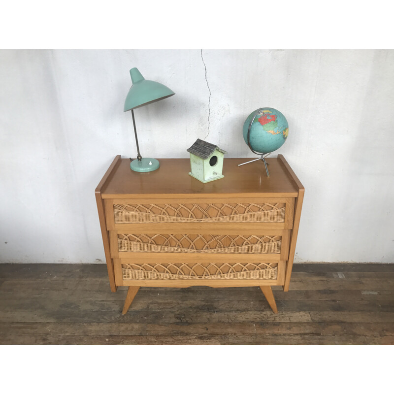 Vintage rattan and oak chest of drawers - 1950s