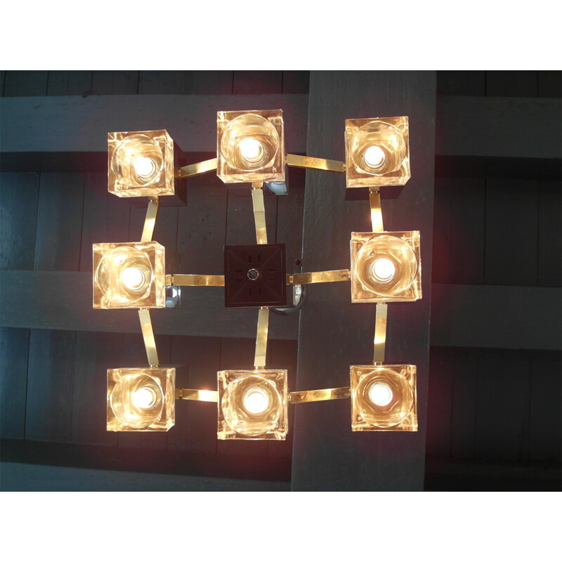 Vintage Chandelier with Glass Cubes and Brass by Sciolari - 1970s