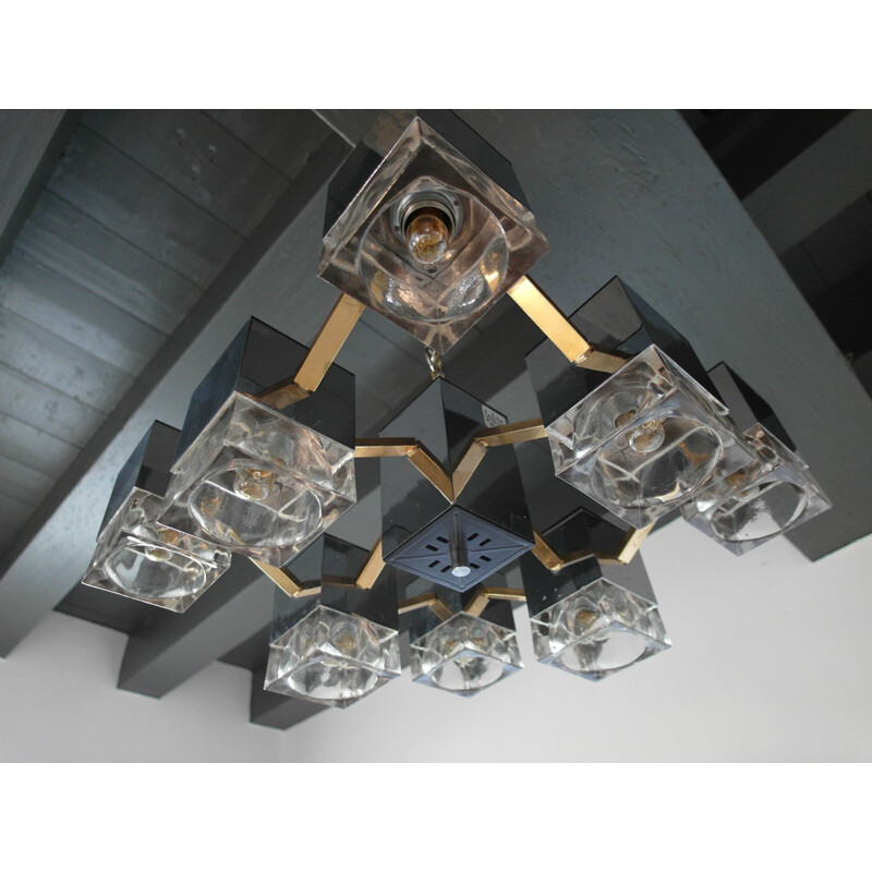 Vintage Chandelier with Glass Cubes and Brass by Sciolari - 1970s