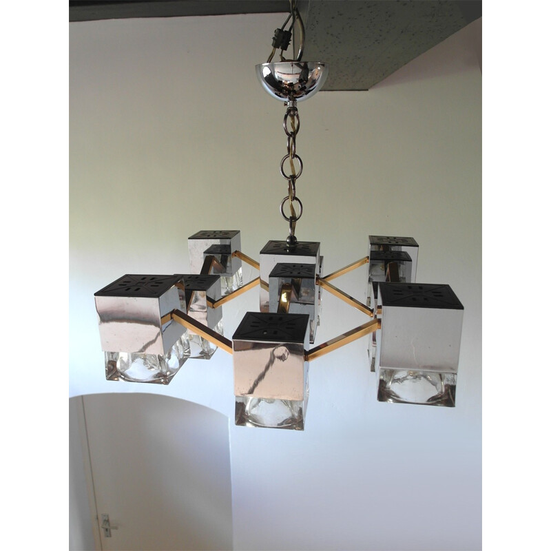 Vintage Chandelier with Glass Cubes and Brass by Sciolari - 1970s