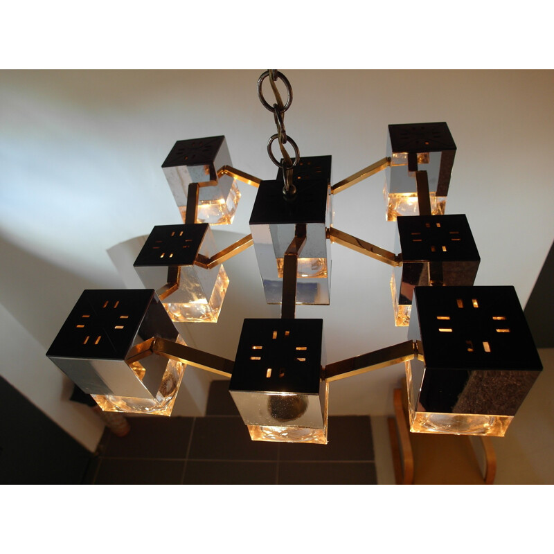 Vintage Chandelier with Glass Cubes and Brass by Sciolari - 1970s