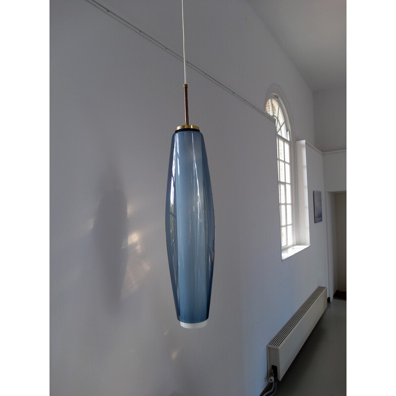 Large Blue and Opaline Pendant Light by Holmegaard - 1950s