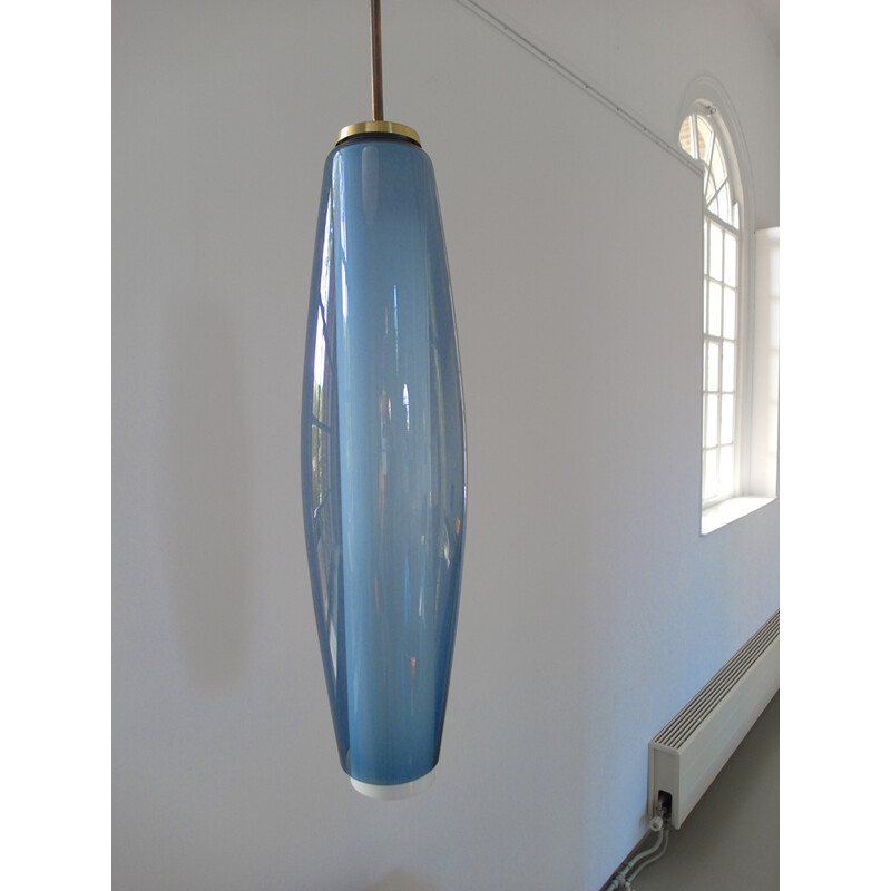 Large Blue and Opaline Pendant Light by Holmegaard - 1950s