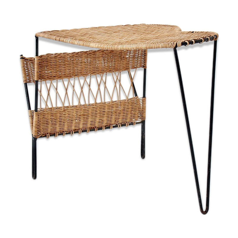 Rattan magazine rack side table by Raoul Guys - 1950s