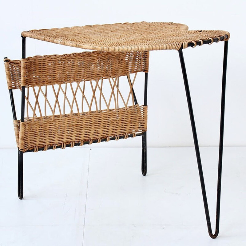 Rattan magazine rack side table by Raoul Guys - 1950s
