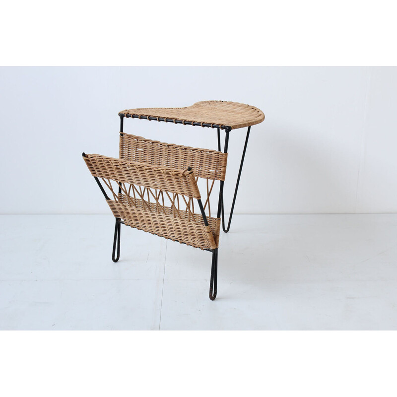 Rattan magazine rack side table by Raoul Guys - 1950s