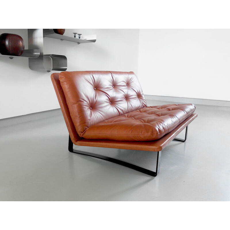 Daybed 'Loveseat' in cognac leather by Kho Liang Le for Artifort - 1960s