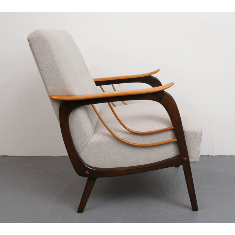 Vintage beige armchair with bicolour armrest - 1950s