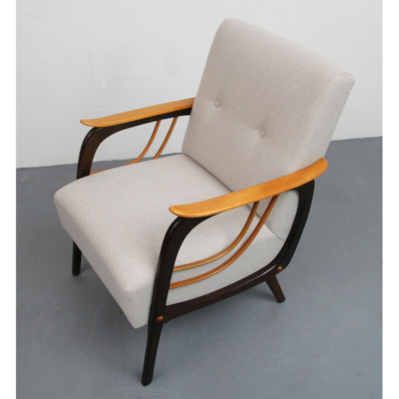 Vintage beige armchair with bicolour armrest - 1950s