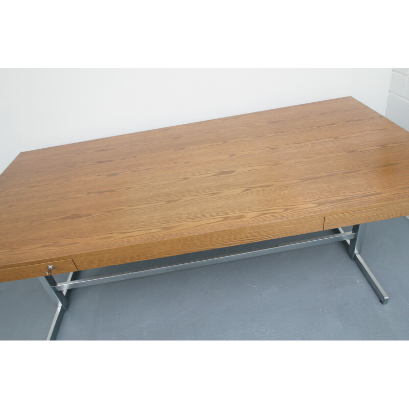 Vintage oak and chromed steel desk - 1970s