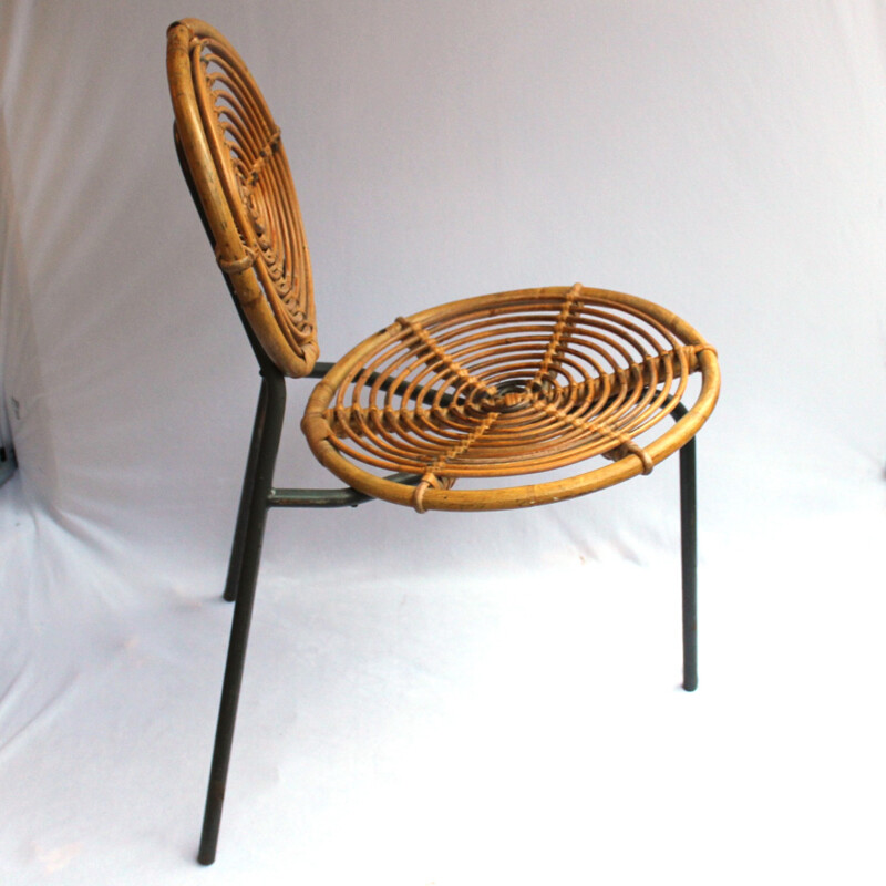 Set of vintage 4 rattan and metal bamboo chairs - 1950s