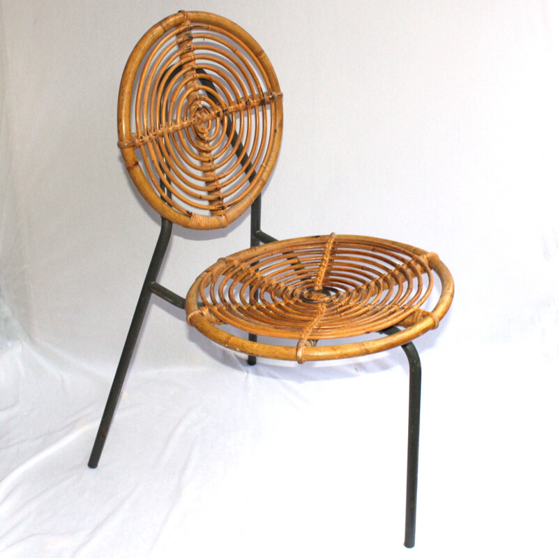 Set of vintage 4 rattan and metal bamboo chairs - 1950s