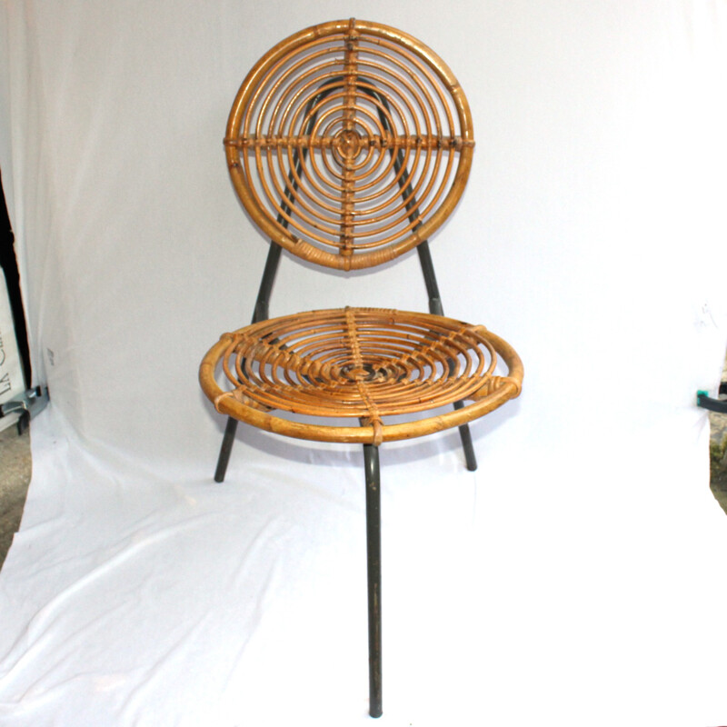 Set of vintage 4 rattan and metal bamboo chairs - 1950s