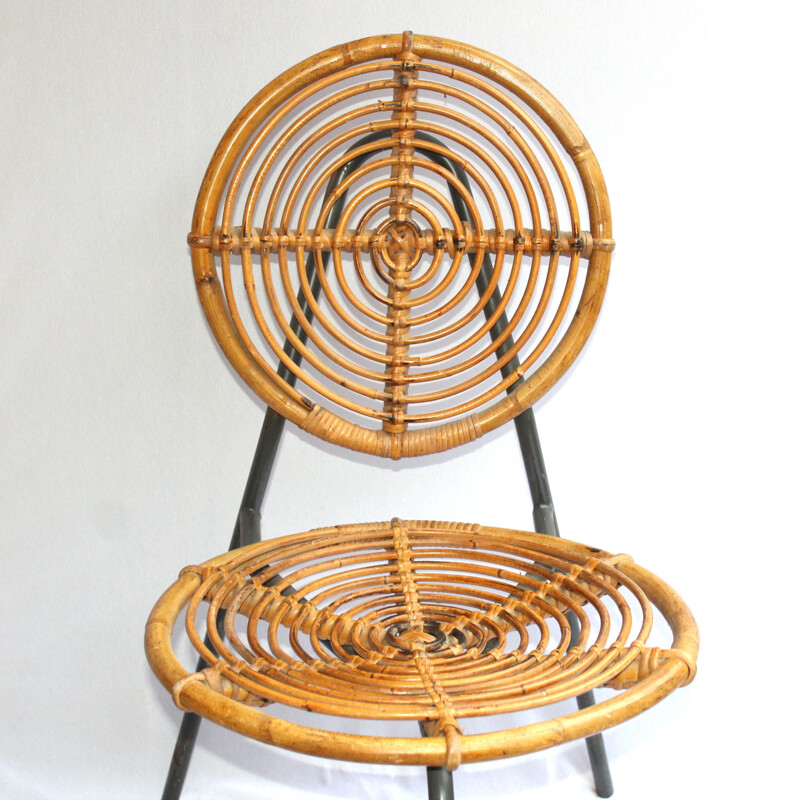 Set of vintage 4 rattan and metal bamboo chairs - 1950s