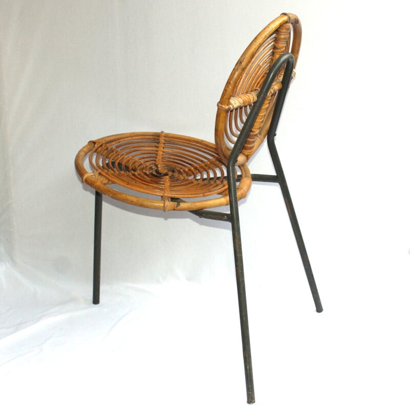 Set of vintage 4 rattan and metal bamboo chairs - 1950s