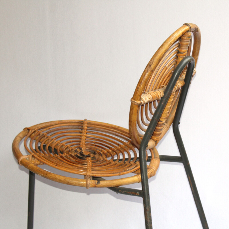 Set of vintage 4 rattan and metal bamboo chairs - 1950s