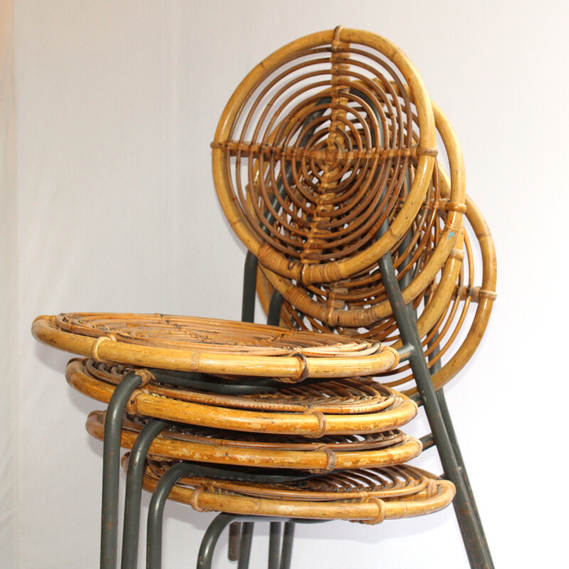 Set of vintage 4 rattan and metal bamboo chairs - 1950s